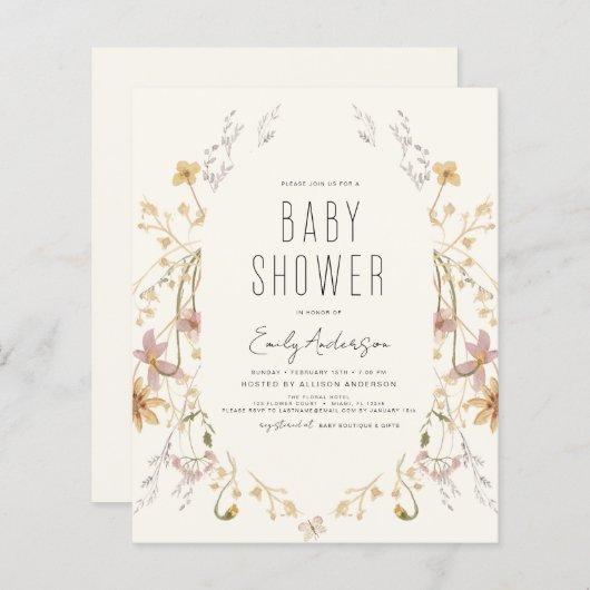 Budget Wildflower Boho Baby shower Elegant Modern (Voorkant / Achterkant)