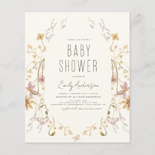 Budget Wildflower Boho Baby shower Elegant Modern (Voorkant)