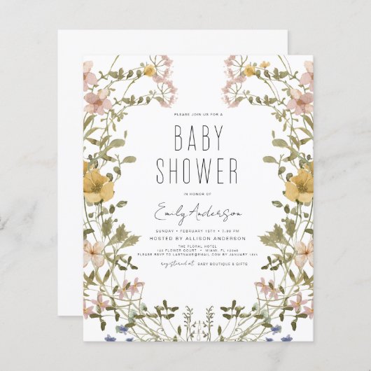 Budget Wildflower Boho Baby shower Elegant Modern (Voorkant / Achterkant)