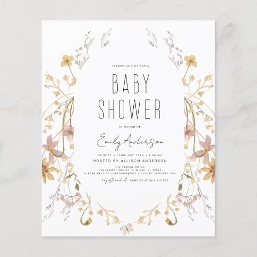 Budget Wildflower Boho Baby shower Elegant Modern Flyer (Voorkant)