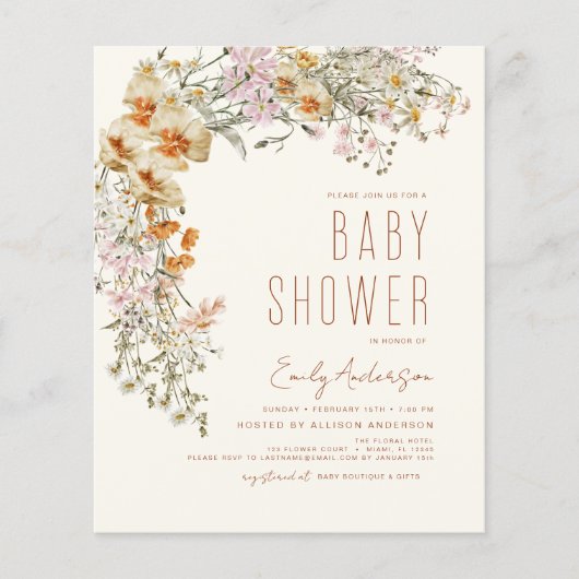 Budget Wildflower Boho Baby shower Terracotta Flyer (Voorkant)