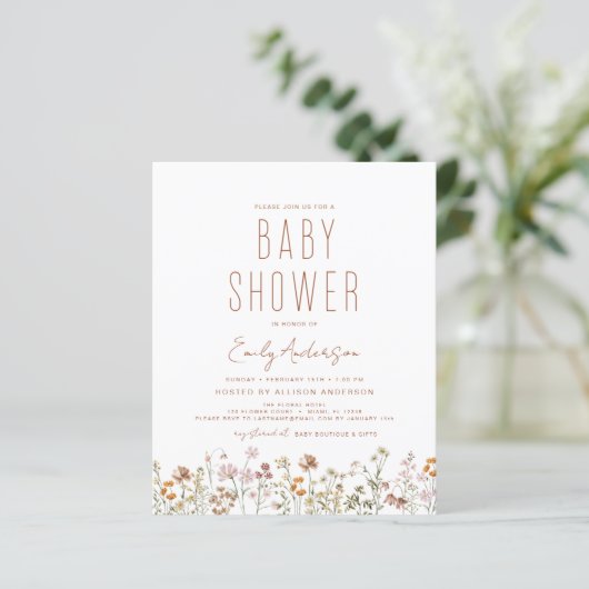 Budget Wildflower Boho Baby shower Uitnodiging (Staand voorkant)