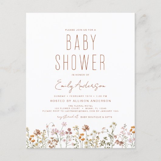 Budget Wildflower Boho Baby shower Uitnodiging (Voorkant)