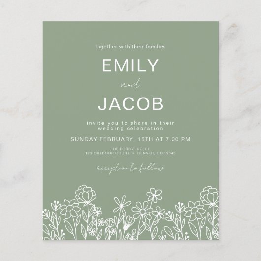Budget Wildflower Boho Foto Sage Green Wedding Flyer (Voorkant)