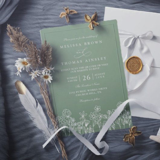 Budget Wildflower Boho Sage Green QR Code Wedding Kaart