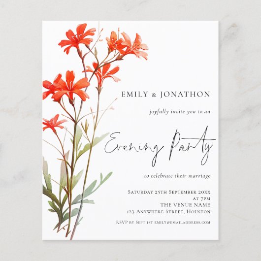 Budget Wildflower bruiloft avond feest uitnodiging (Voorkant)