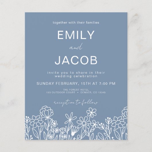 Budget Wildflower Dusty Blue Botanical Wedding Flyer (Voorkant)