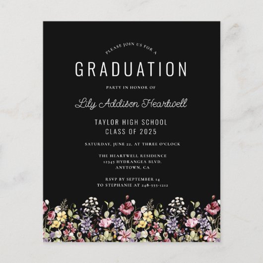 Budget Wildflower Pattern Black Afstudeerder Party (Voorkant)