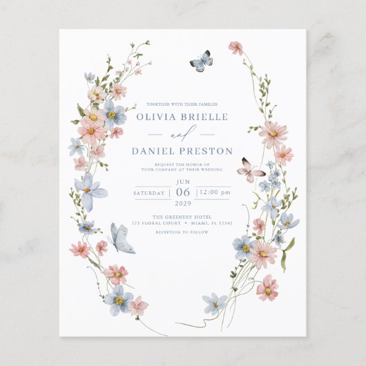 Budget Wildflower QR Code Huwelijksuitnodiging Flyer (Voorkant)