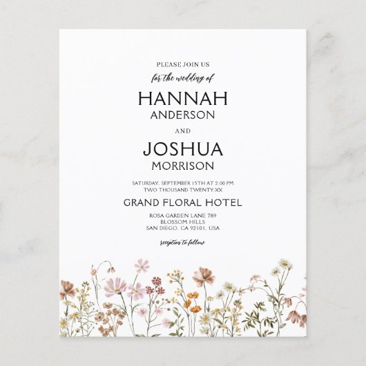 Budget Wildflower Rustic Boho Huwelijksuitnodiging (Voorkant)