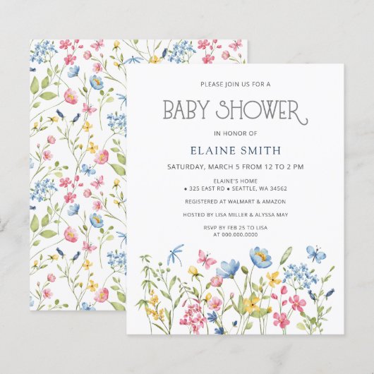 Budget Wildflower Spring Baby shower Invitation (Voorkant / Achterkant)