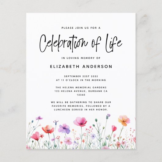 BUDGET Wildflower Viering van het Leven Uitnodigin (Voorkant)