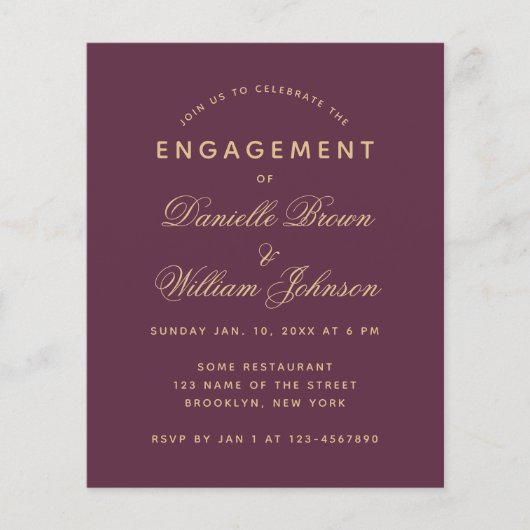 Budget Wine Color Golden Verloving Invitation (Voorkant)