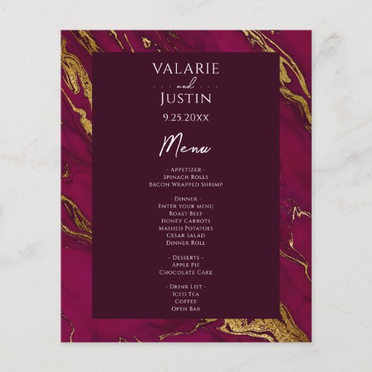 Budget Wine en Gold Wedding Menu Flyer (Voorkant)