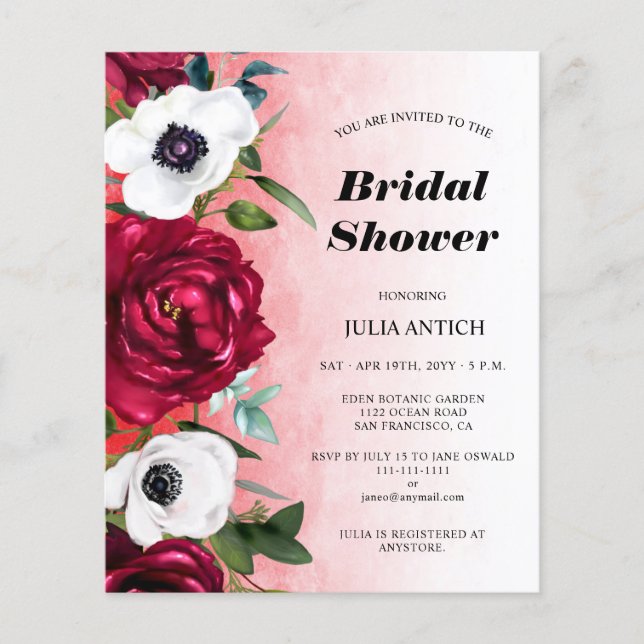 Budget Wine Red Floral Bridal Shower (Voorkant)