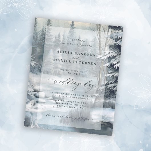 Budget winter berg bos bruiloft uitnodiging