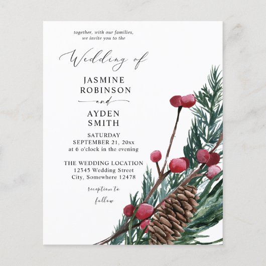 Budget Winter Berries & Pine Greenery Wedding Flyer (Voorkant)