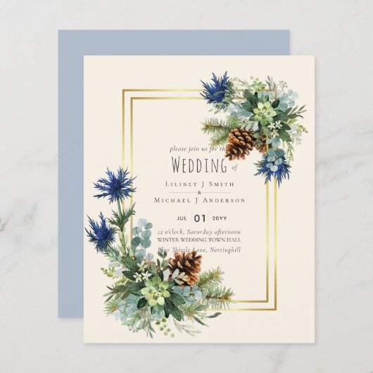 BUDGET Winter Blau Distel Trouwkaart Uitnodigingen (Voorkant / Achterkant)