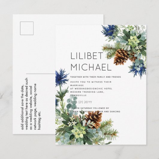 BUDGET Winter Blauwe Distel Eucalyptus Bruiloft Briefkaart (Voorkant / Achterkant)