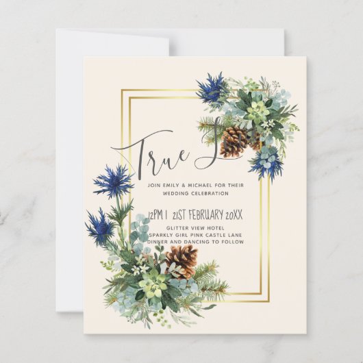 BUDGET Winter Blauwe Distel Trouw Uitnodigingen (Voorkant)