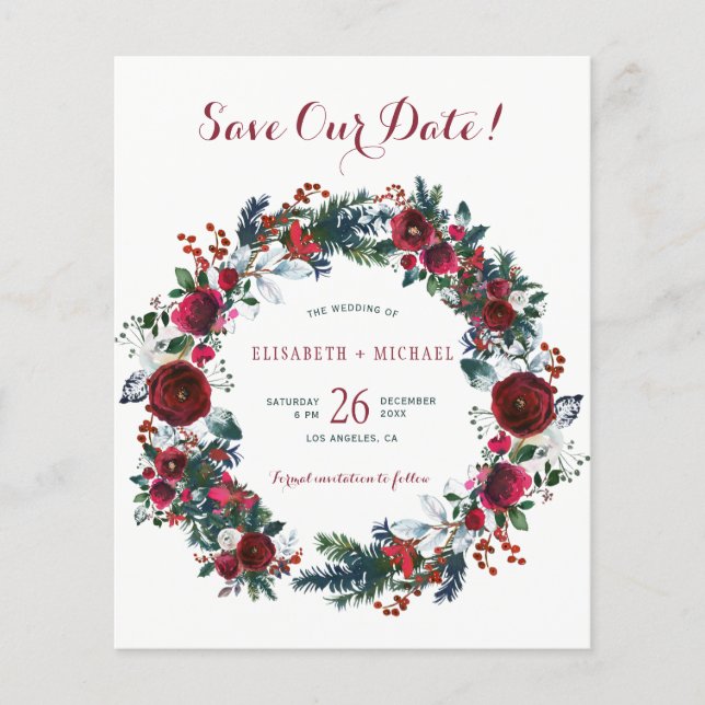 BUDGET winter bloemenkrans bruiloft save the date (Voorkant)