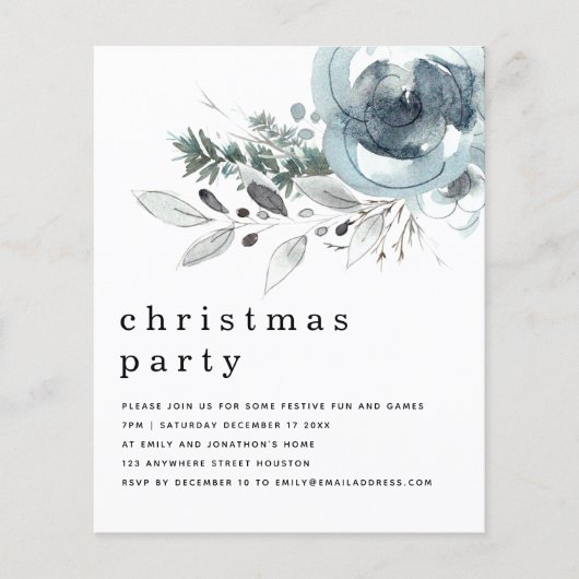 Budget Winter Blue Florals kerstparty uitnodigen (Voorkant)