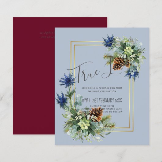 BUDGET Winter Blue Thistle Wedding Invites (Voorkant / Achterkant)