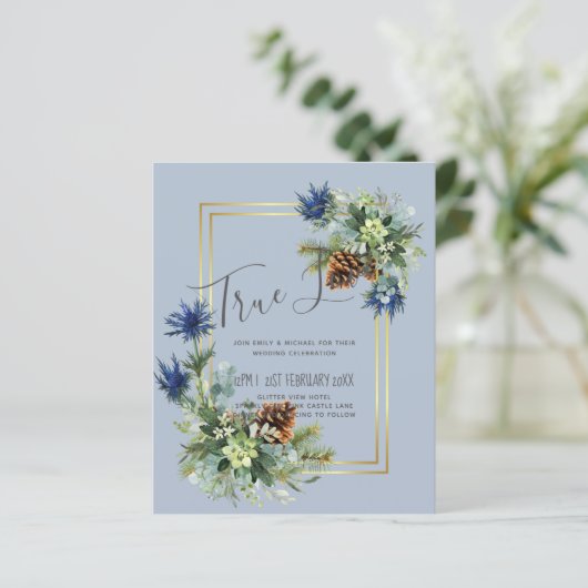 BUDGET Winter Blue Thistle Wedding Invites (Staand voorkant)