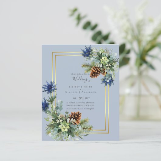 BUDGET Winter Blue Thistle Wedding Invites (Staand voorkant)