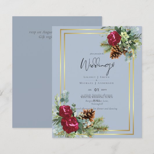 BUDGET Winter Blue Thistle Wedding Invites (Voorkant / Achterkant)