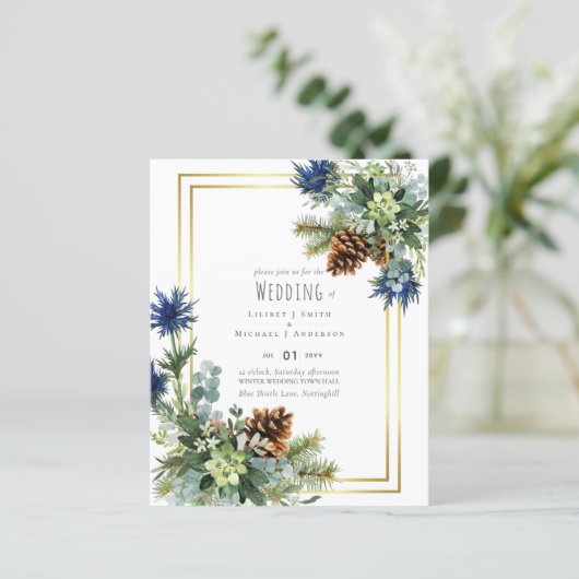 BUDGET Winter Blue Thistle Wedding Invites (Staand voorkant)