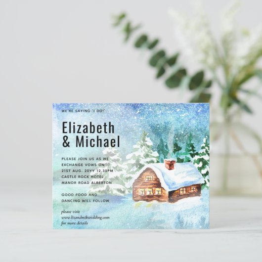 Budget Winter Boshuis Bruiloft Uitnodiging (Staand voorkant)