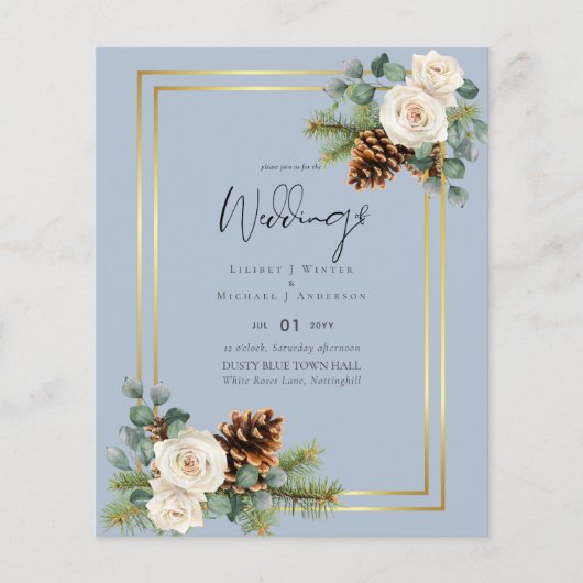 BUDGET Winter Bruiloft Witte Rozen Goud Stof Blauw Flyer (Voorkant)