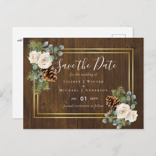 BUDGET Winter bruiloft witte rozen goud stoffig bl Briefkaart (Voorkant / Achterkant)