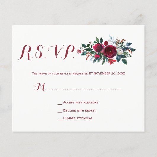 Budget winter burgundy floral bruiloft rsvp FLYER (Voorkant)