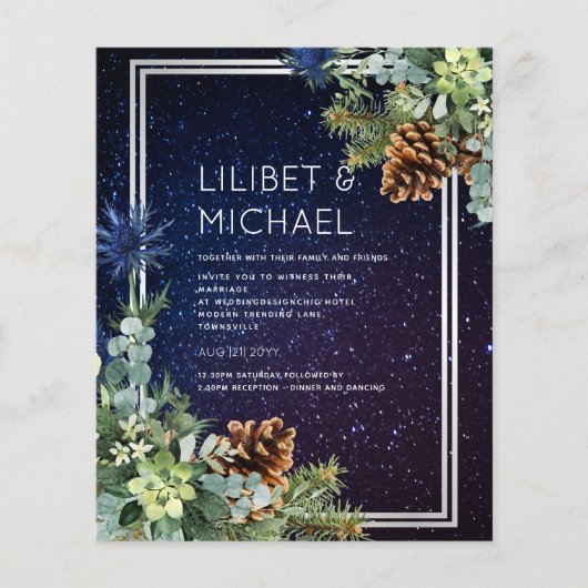 BUDGET Winter Eucalyptus Dennenappels Bruiloft Flyer (Voorkant)