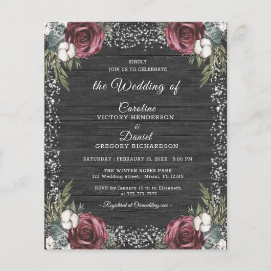 Budget Winter Floral Burgundy Wedding Flyer (Voorkant)