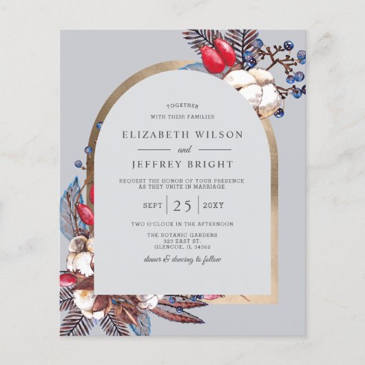 Budget Winter Florals Arched Wedding Uitnodiging (Voorkant)