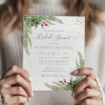 Budget Winter Greenery Bridal Shower<br><div class="desc">Prachtige,  betaalbare bruiddoucheuitnodiging met handbeschilderde botanische waterverf illustraties van wintergroene,  pijnbomen- en sparrentakken,  keien en heilige bessen met goudglitter. Ideale keuze voor wintervakantie of kerstvakantie-bruiloften.</div>