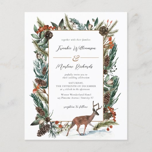 Budget Winter Greenery Pine Cone Wedding Invite (Voorkant)