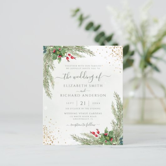 Budget Winter Holiday Greenery Wedding Uitnodiging (Staand voorkant)