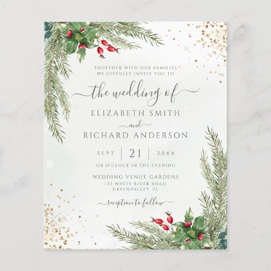 Budget Winter Holiday Greenery Wedding Uitnodiging (Voorkant)