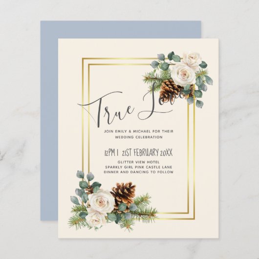 BUDGET Winter Huwelijk Witte Rozen Goud Stof Blauw (Voorkant / Achterkant)