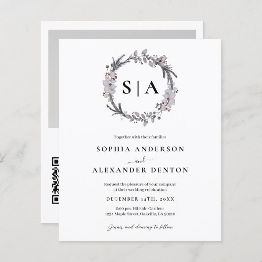 Budget Winter Krans Foto QR code bruiloft uitnodig (Voorkant / Achterkant)