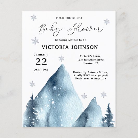 Budget Winter Mountain Baby shower Uitnodiging (Voorkant)
