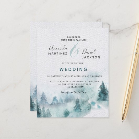 Budget Winter Mountain Forest Wedding Invitation (Voorkant / Achterkant in situ)