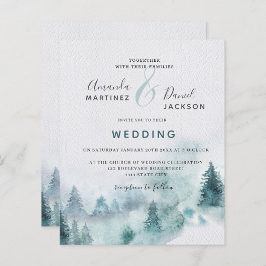 Budget Winter Mountain Forest Wedding Invitation (Voorkant / Achterkant)