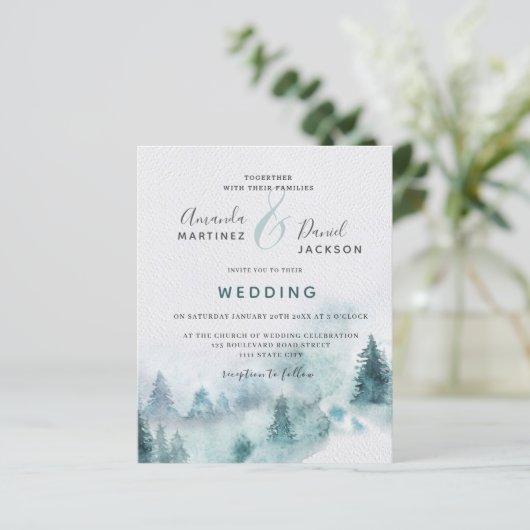 Budget Winter Mountain Forest Wedding Invitation (Staand voorkant)