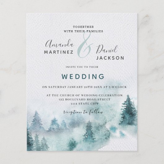 Budget Winter Mountain Forest Wedding Invitation (Voorkant)