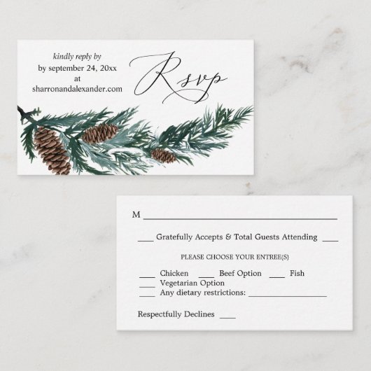 Budget Winter Pine Cone 2SM Meal RSVP Opmerking Notitiekaartje (Voorkant / Achterkant)